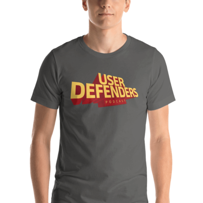 User-Defenders-podcast-Logo-Tee-Model-Charcoal
