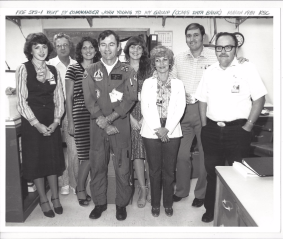 Astronaut John Young (walked on the moon) posing with Jim’s Shuttle data group just days before he and Bob Crippen were launched in April 1981 on the very first Shuttle flight known as STS-1.