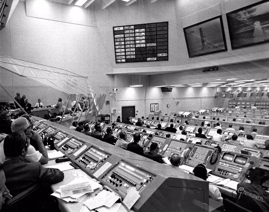 Firing Room 1 of the LCC during an Apollo launch with a different view.