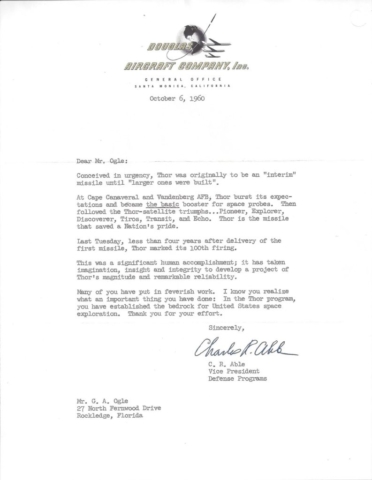 Letter of congratulations from Douglas Aircraft Company on the 100th launch of the Thor missile which Douglas built.