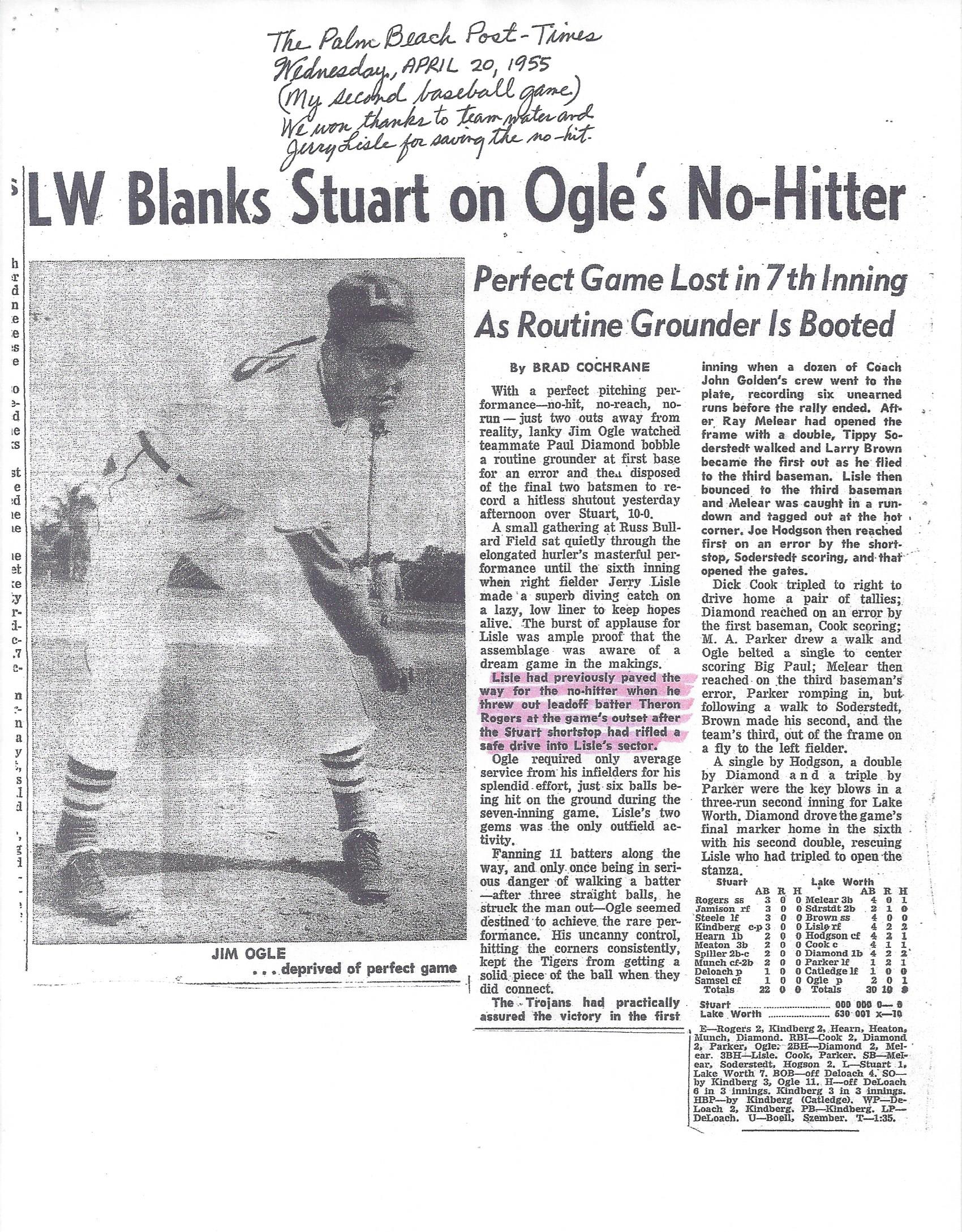 Newspaper clipping of Jim’s NO-HITTER he pitched for his high school’s baseball team.